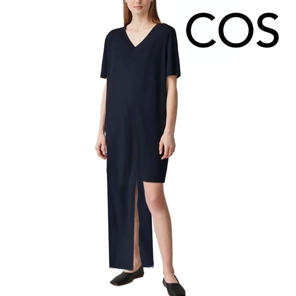 COS minimal, bold, statement dress. Silky knit maxi, asymmetric cut-out hem, M - Picture 1 of 5